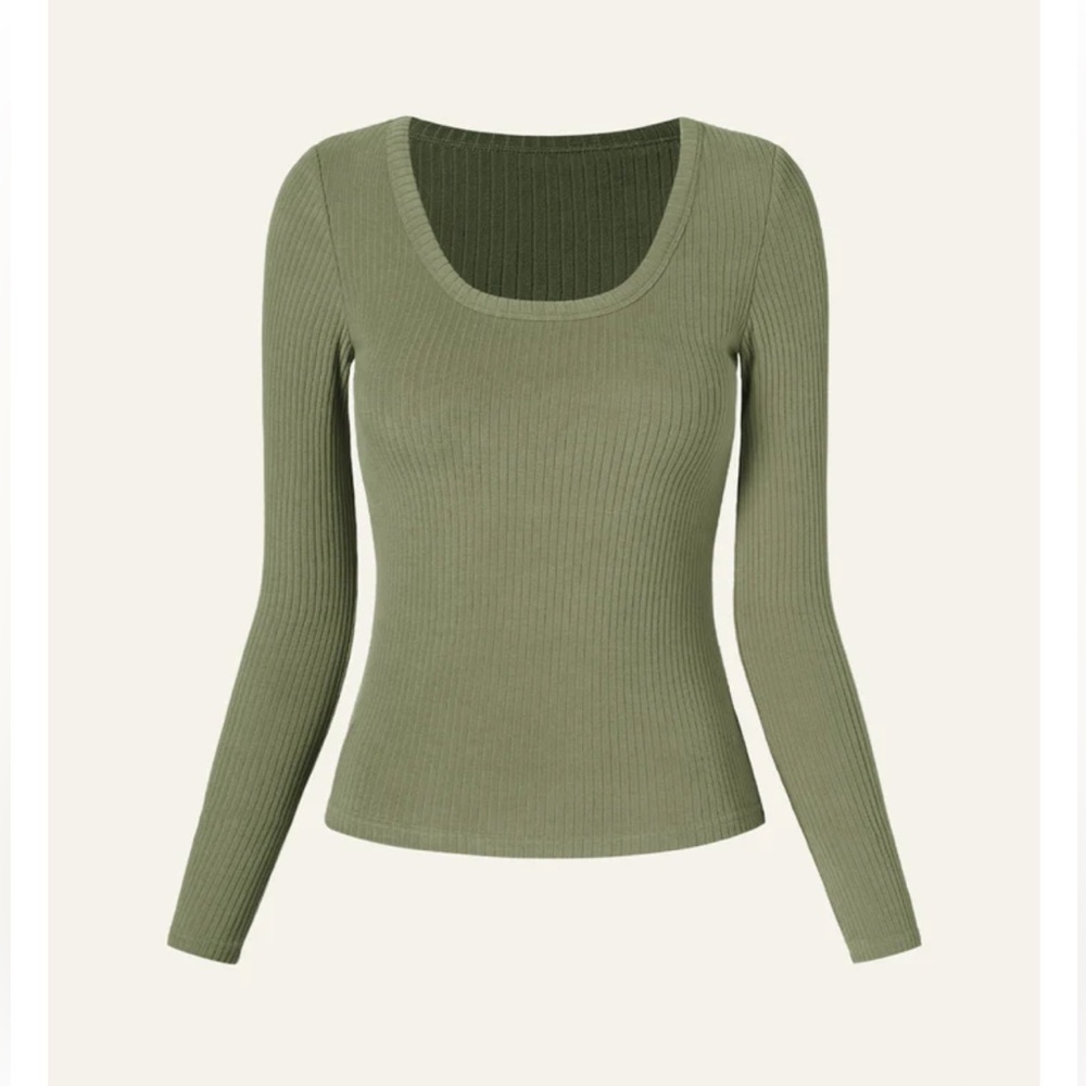 OGL Olive Green Ribbed Long Sleeve Scoop Neck Top
